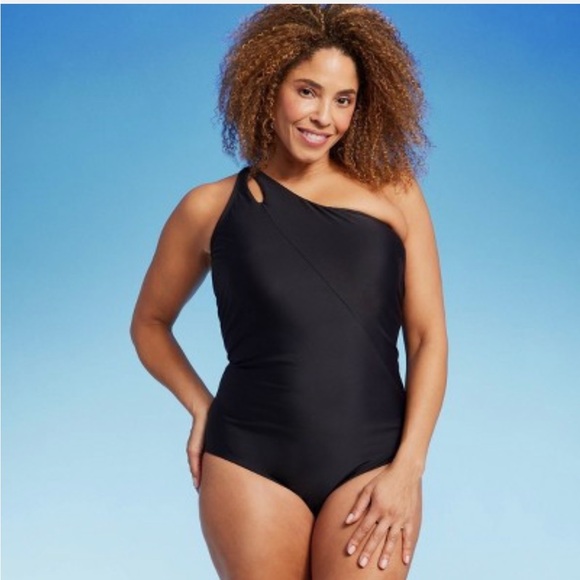 Lands End Black One-Shoulder Tummy Control Swimsuit - Picture 1 of 8